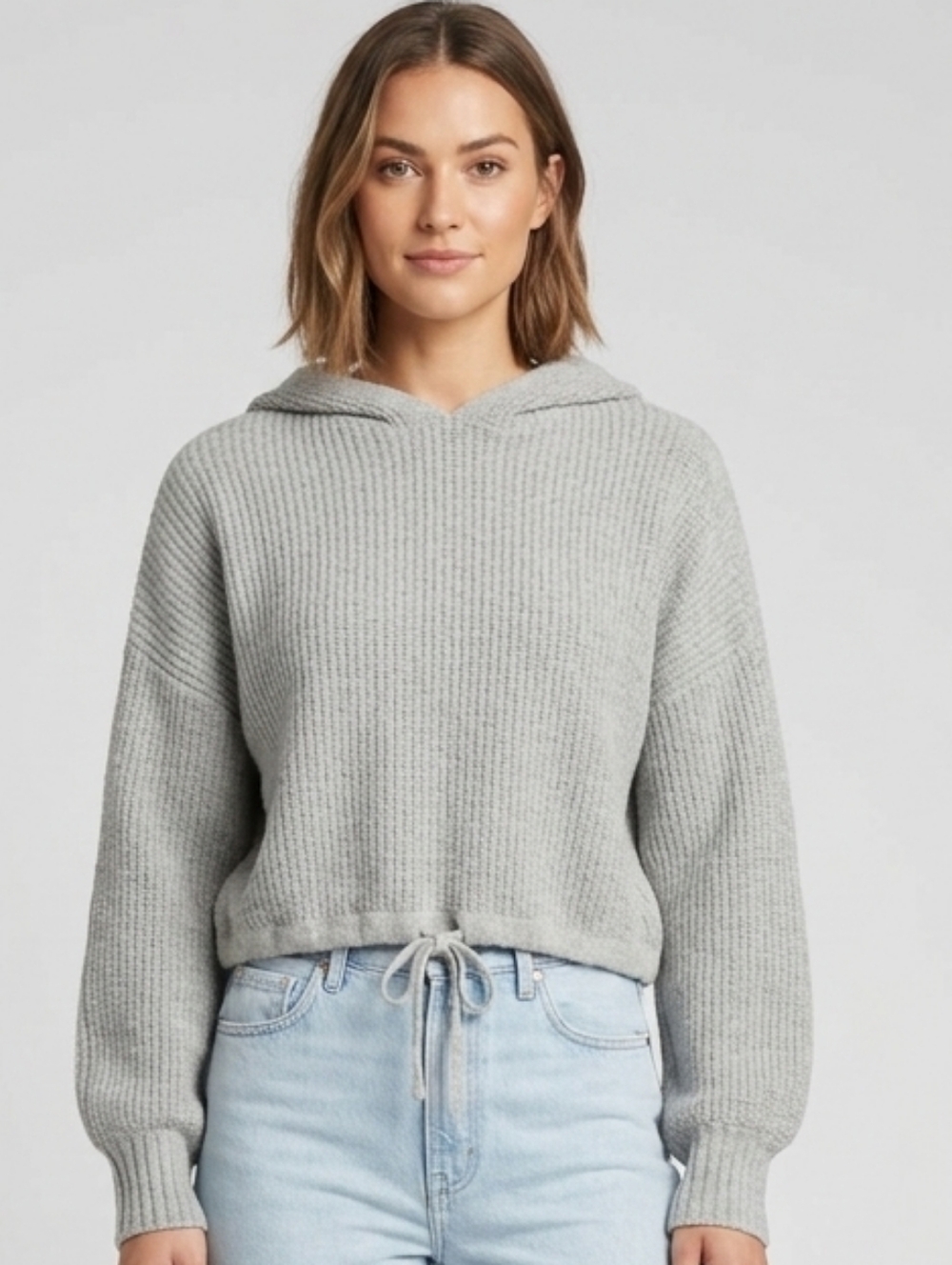 American Eagle Outfitters Grey Knit Hooded Cropped Sweater Size Medium